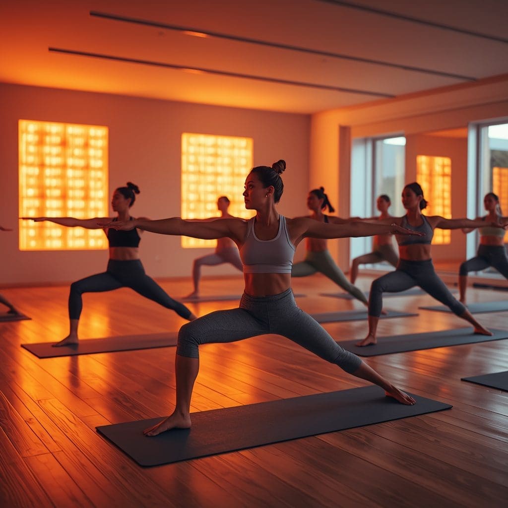 Power yoga class practicing Warrior II pose in a modern infrared heated yoga studio during a strength-focused flow session