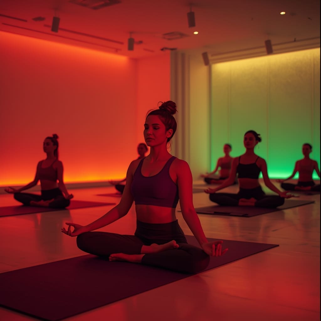 Hot yoga class with red and green light therapy, women meditating in a heated yoga studio for recovery and mindfulness