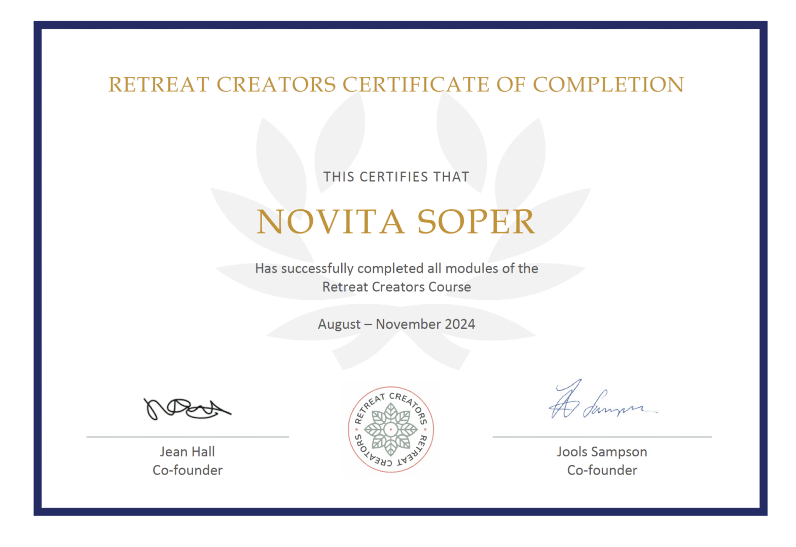 Retreat Creators certificate of completion for Novita Soper